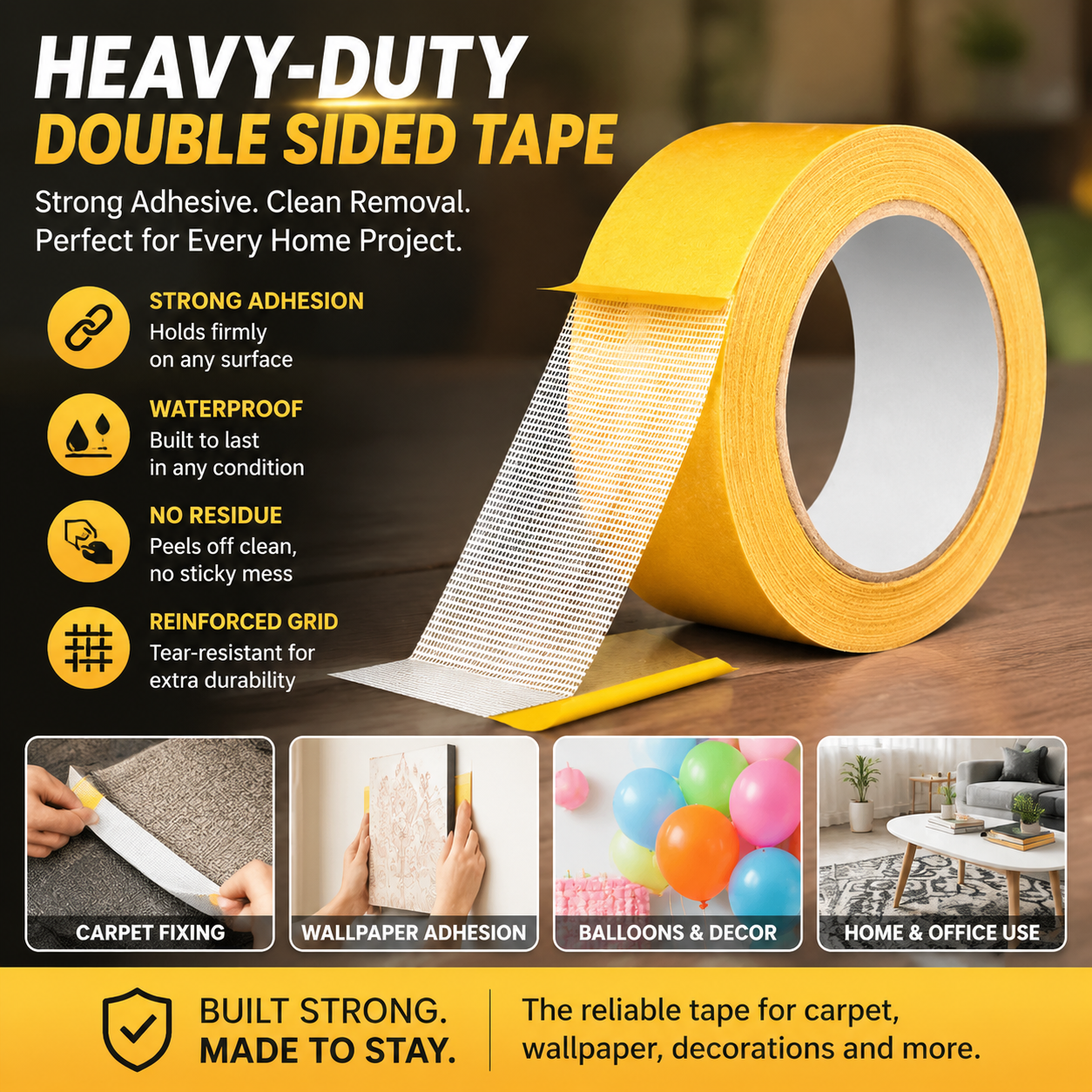 PKNEW® Heavy-Duty Double Sided Tape, StrongAdhesive, Waterproof & Removable, No Residue, Idealfor Carpet, Wallpaper, Balloons & Home Use🔥