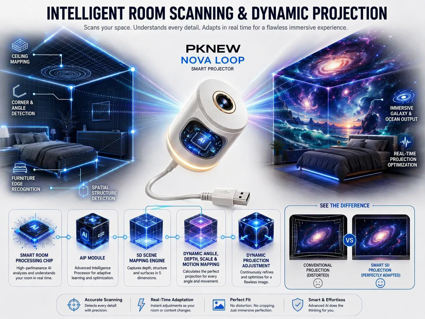 š„PKNEWĀ® NEXT-GEN SMART PROJECTION HD Smart Dynamic 5D Holographic Night Light Projectorš