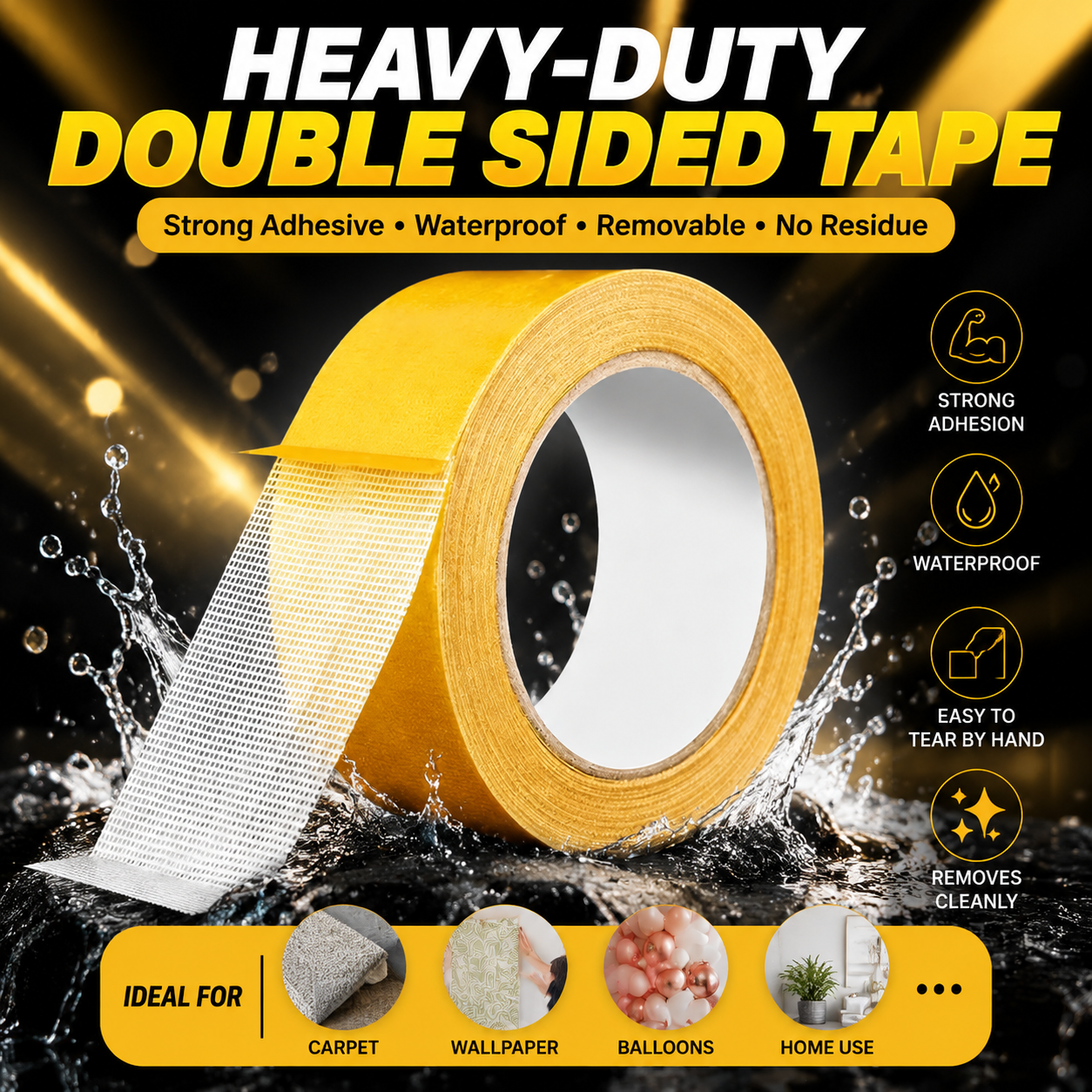PKNEW® Heavy-Duty Double Sided Tape, StrongAdhesive, Waterproof & Removable, No Residue, Idealfor Carpet, Wallpaper, Balloons & Home Use🔥