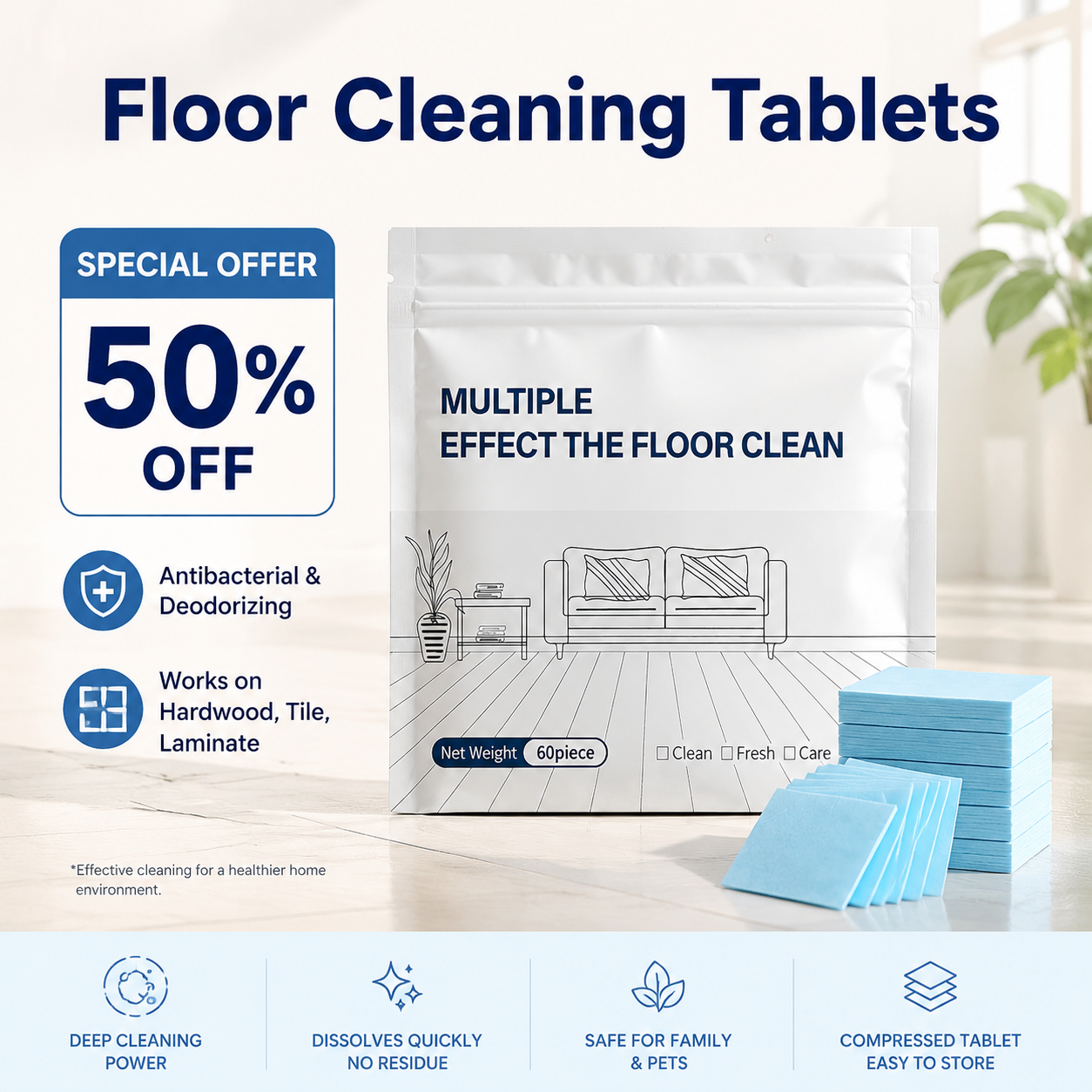 PKNEW®🎉 Floor Cleaning Tablets Multi-Surface Cleaner for Hardwood Laminate Tile & RV Walls Antibacterial Deodorization Maintenance