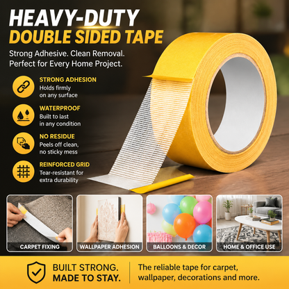 PKNEW® Heavy-Duty Double Sided Tape, StrongAdhesive, Waterproof & Removable, No Residue, Idealfor Carpet, Wallpaper, Balloons & Home Use🔥