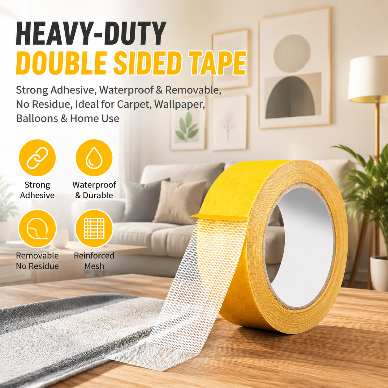 PKNEW® Heavy-Duty Double Sided Tape, StrongAdhesive, Waterproof & Removable, No Residue, Idealfor Carpet, Wallpaper, Balloons & Home Use🔥