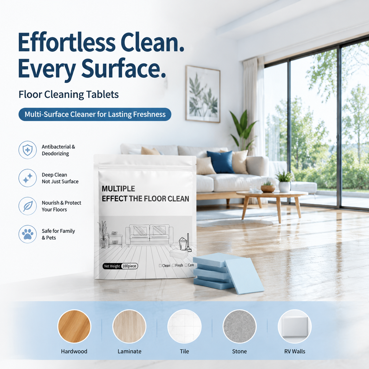 PKNEW®🎉 Floor Cleaning Tablets Multi-Surface Cleaner for Hardwood Laminate Tile & RV Walls Antibacterial Deodorization Maintenance