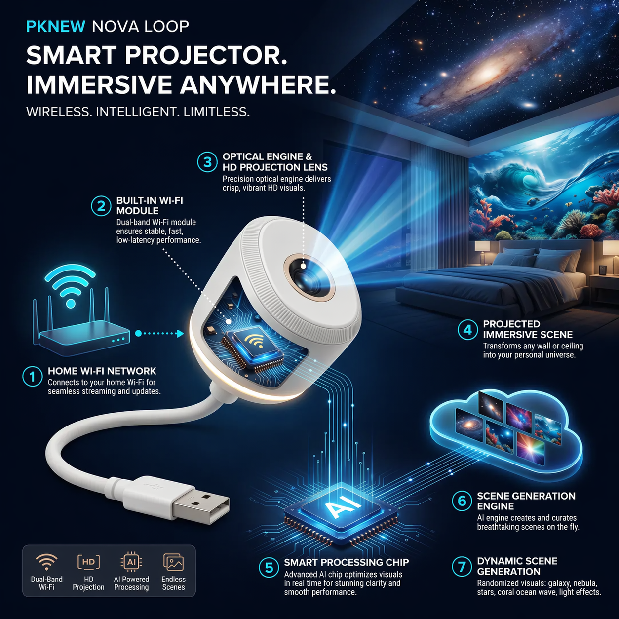 🥇PKNEW® NEXT-GEN SMART PROJECTION HD Smart Dynamic 5D Holographic Night Light Projector💎