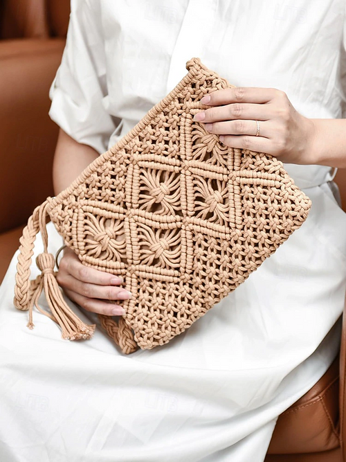 Women's Handwoven Boho Crossbody Bag – Vintage Macrame Shoulder Purse with Tassel for Beach Vacations and Casual Outfits Color Black White Pink